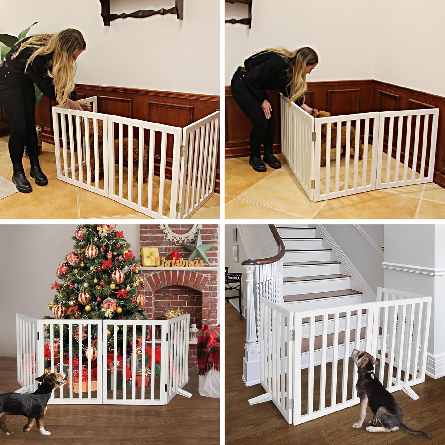 ZJSF Freestanding Indoor Dog Gate for House Foldable Wood White Puppy Gate for Doorways Pet Gate for Stairs Extra Wide Pet Fence 24" Height 3 Panels