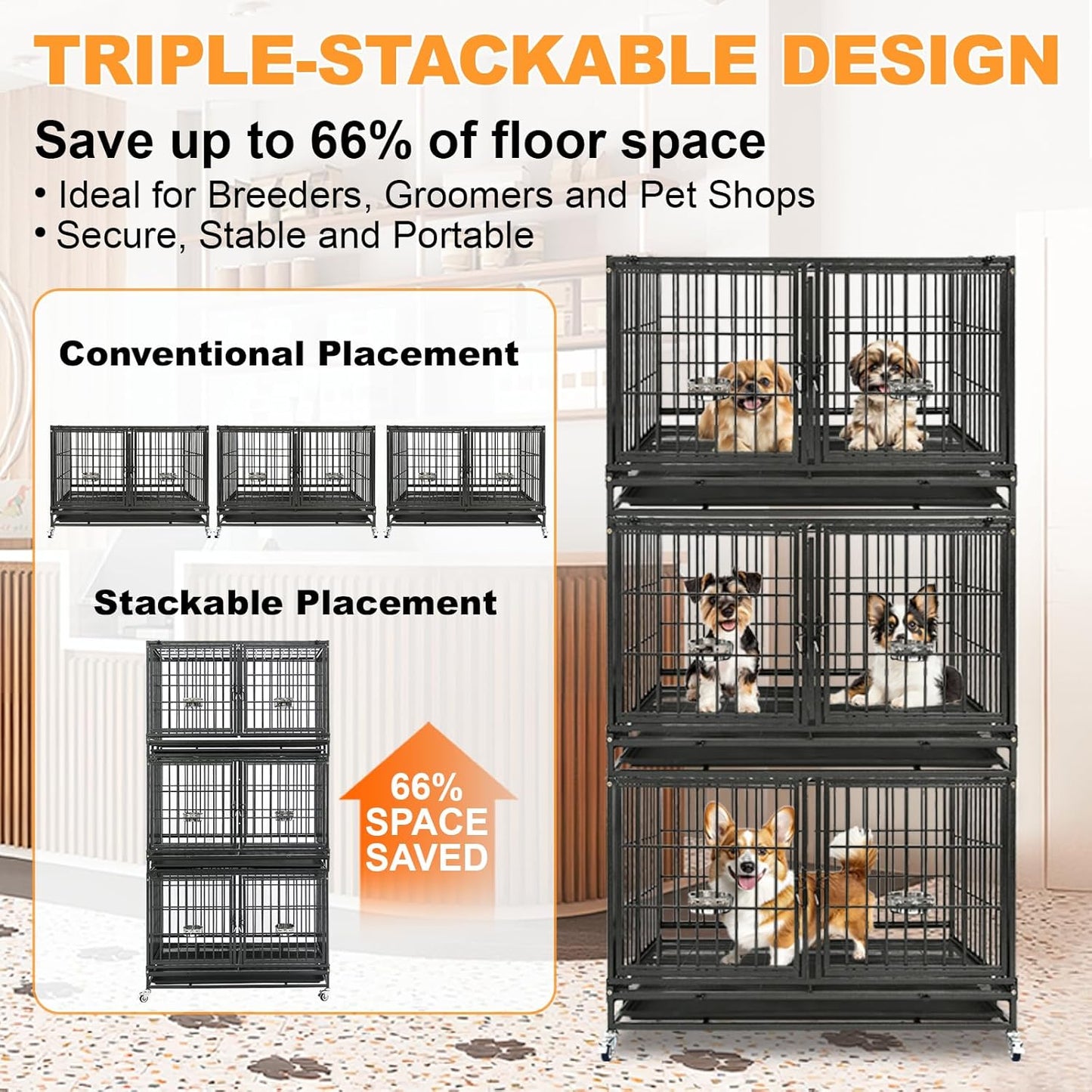 Homey Pet 43 Inch Heavy Duty Dog Crate Cage Kennel for Medium Dogs with Three Door, Divider, Removable Grid & Tray, 4 x Lockable Wheels, 2 x Bowls, Stackable Drop Cages for Breeders, Groomers