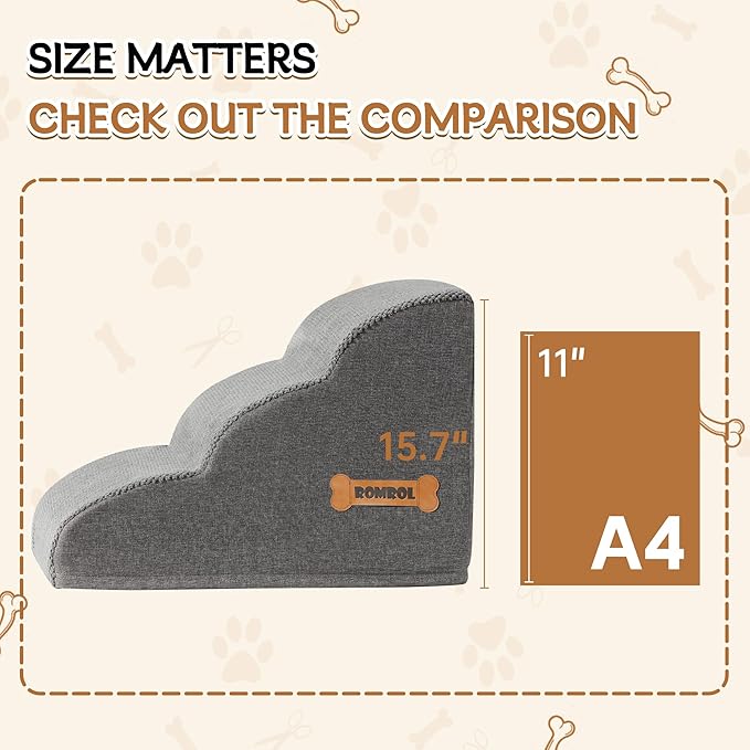 Romrol Dog Stairs Ramp for Beds Couches, 15.7” H 33D Extra Wide Pet Steps with Durable Non-Slip Waterproof Fabric Cover, Dog Slope Stairs for Small Dogs and Cats or Pets Friendly, 3-Tiers, Grey