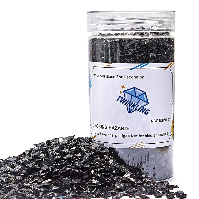 TWINKLING High Luster Fire Glass Gravel Stone Glitter,Broken Glass,Fire Gems Chips,Crushed Glass for Fire Pit Crafts Resin Art Aquarium Garden Decoration,3-6mm,1-Pound Jar (Black)