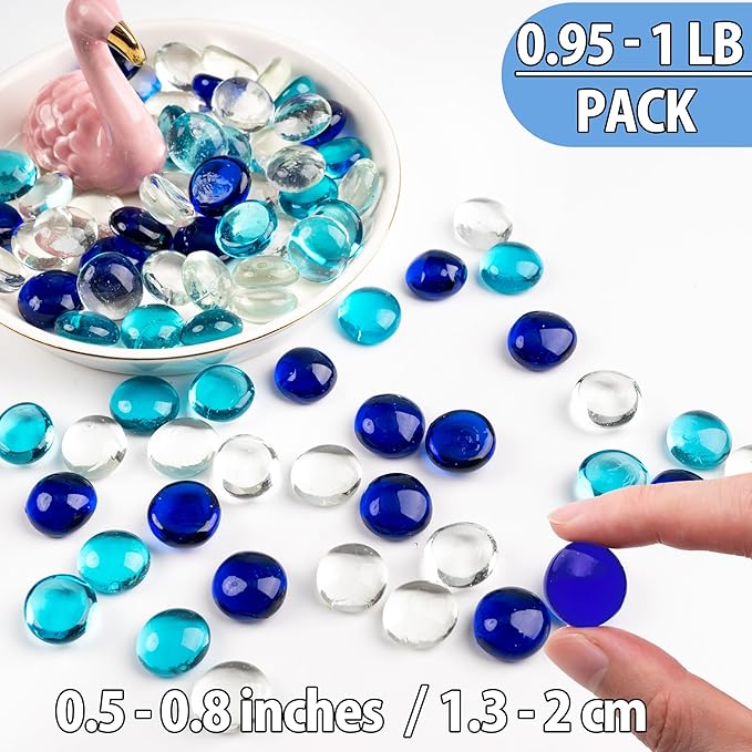 1LB Mixed Blue Glass Marbles, Transparent and Smooth Flat Glass Beads for Vases, Mosaic Gem Pebbles for Aquarium Decor, Floral Arrangements, Mancala Stones, Vase Filler and Crafts (Approx. 80-100 PCS)