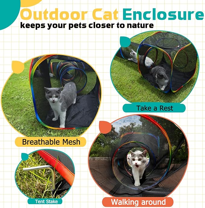 LUCKITTY Outdoor Rainbow Cat Enclosures Playground,Outside House for Indoor Cats Include Portable Tent, 2 Way with 2 Cube Tunnel, for Kitty and Small Animals,Within Storage Bag