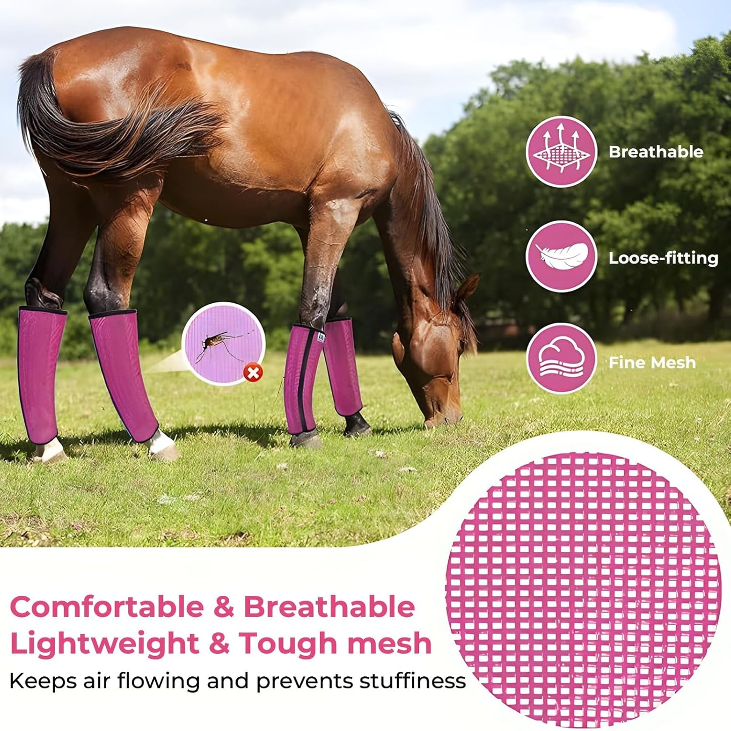Mesh Horse Fly Boots Set of 4，Adjustable and Universal Loose Fitting & Non-Slip Horse Fly Leggings for Horses,Reduce Stressful Stomping (Pink)