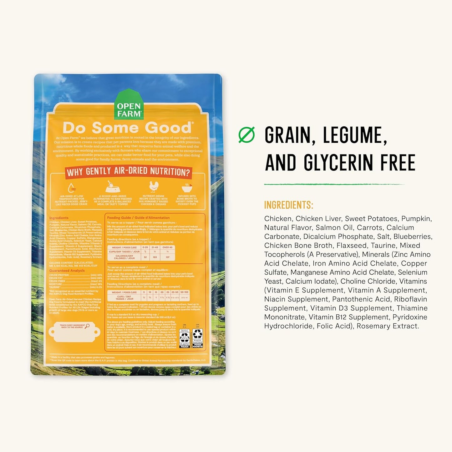 Open Farm, Air Dried Dog Food Infused with Bone Broth, Grain & Legume Free, Complete Meal or Food Topper, Harvest Chicken Recipe, 1lb Bag