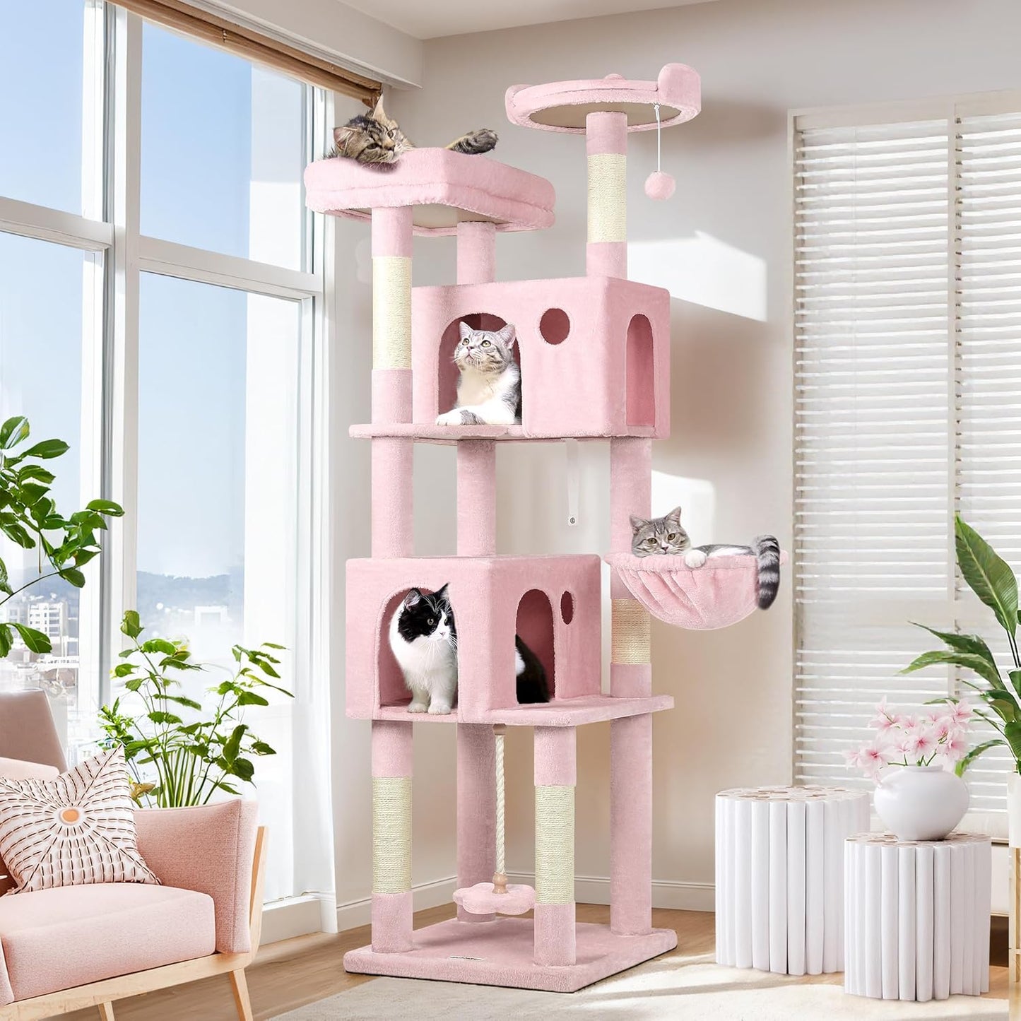 Globlazer Pink Cat Tree, 70 inch Tall Scratching Tower Multi-Level Cat Condo for Indoor Multiple Cats with 2 Large Cat Caves, Top Perch, Large Platform, Bottom Swing, F70B, Pink