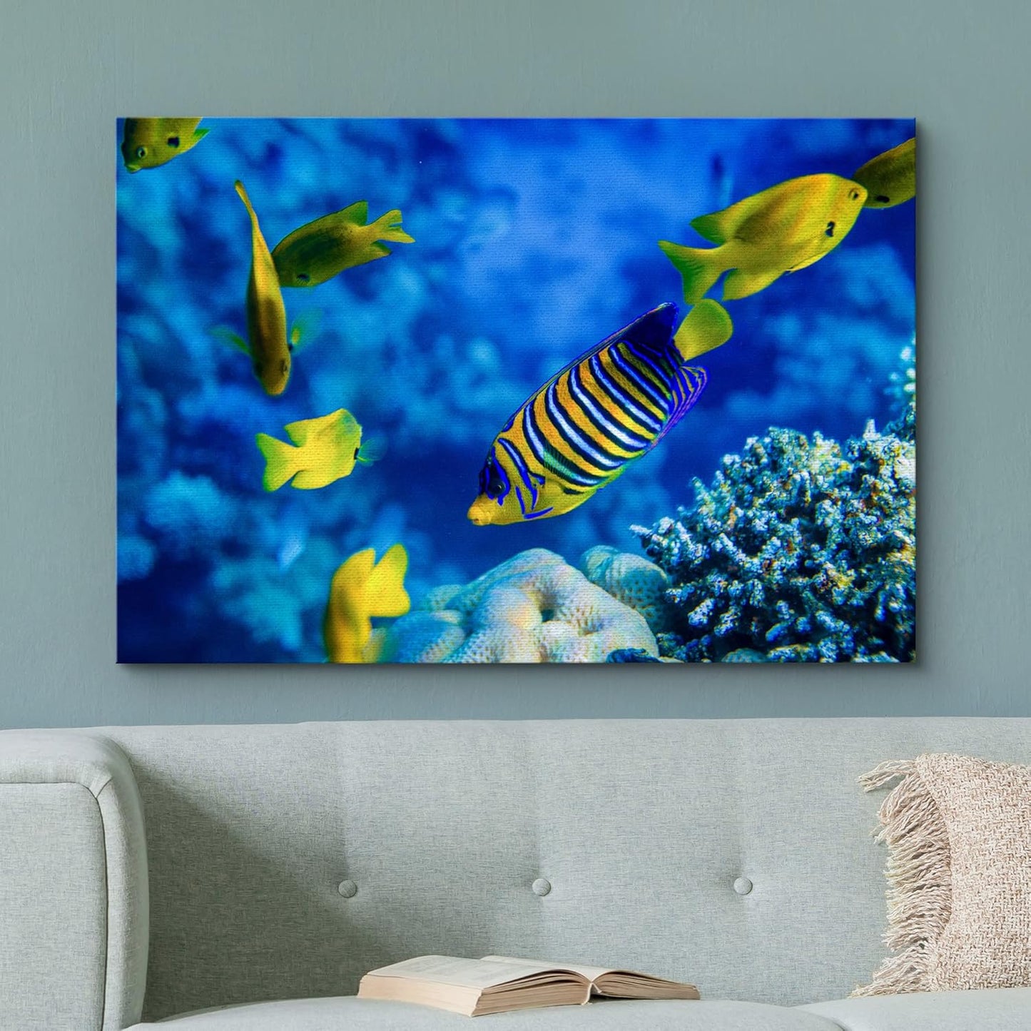 wall26 Canvas Print Wall Art Striped Yellow Tropical Fish Coral Reef Sea Nature Animals Photography Realism Rustic Scenic Landscape Wilderness Colorful for Living Room, Bedroom, Office - 32"x48"