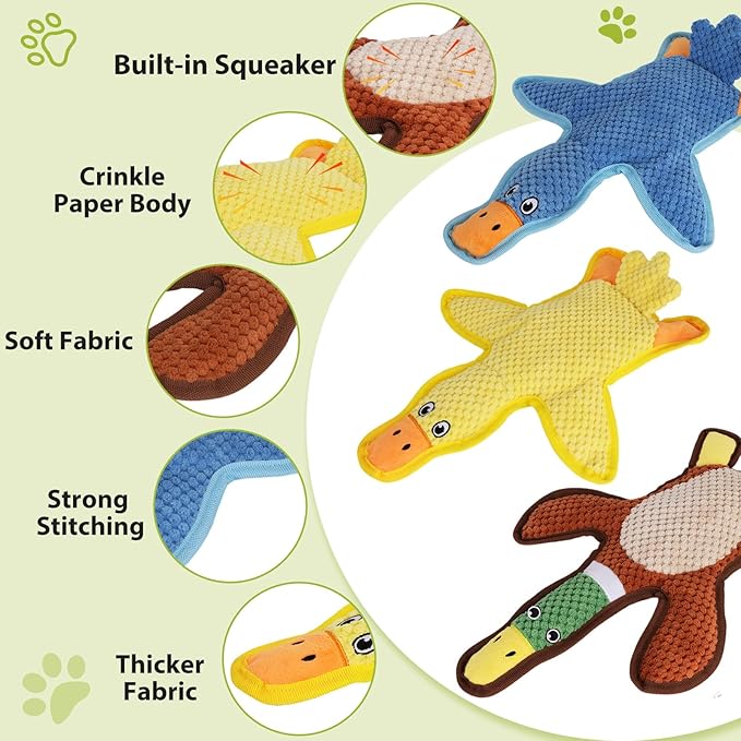 Dog Toys 3-Pack Cute Duck Shapes Puppy Toys No-Stuffing Squeaky and Crinkle Interactive Dog Chew Toy for Small to Large Breeds