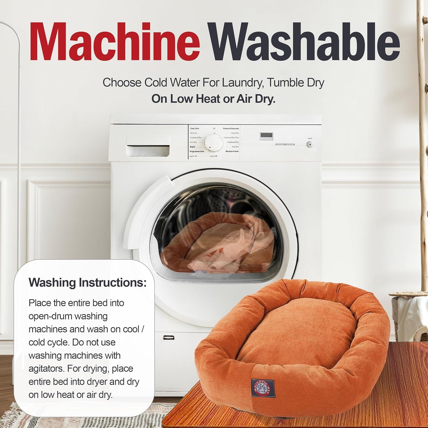 Majestic Pet 40 Inch Micro Velvet Calming Dog Bed Washable 40x29x9 (inch) – Cozy Soft Round Donut Dog Bed with Spine for Head Support - Pet Bed Large – Orange