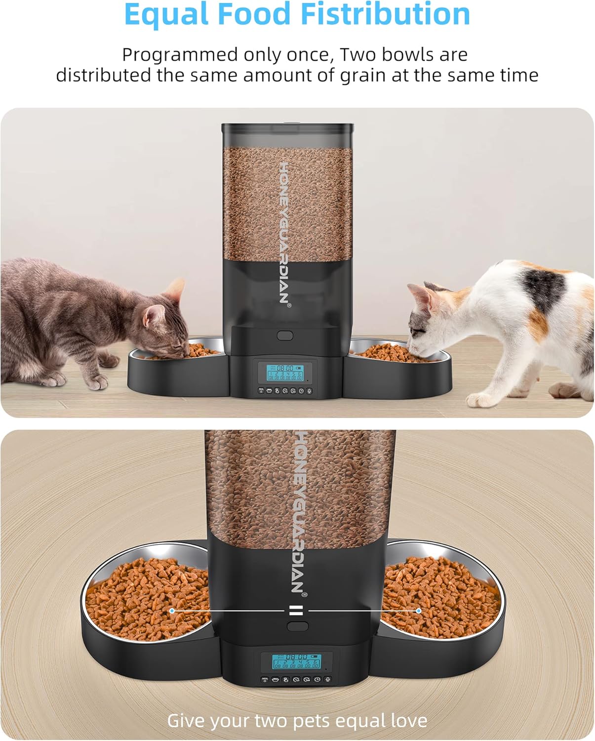 HoneyGuaridan 5L Automatic Cat Feeder for Two Cats, Cat Food Dispenser with Stainless Steel Bowl,Timed Feeder Programmable 1-6 Meals Control, Dual Power Supply,Desiccant Bag Black