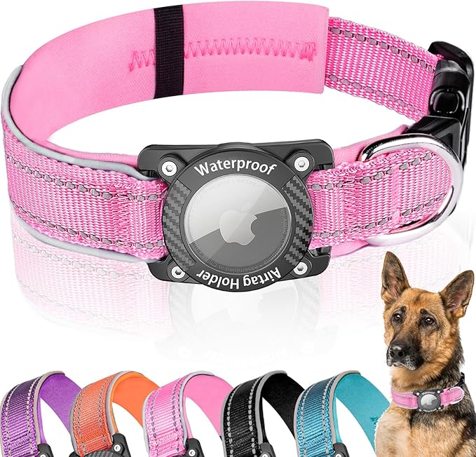 Upgraded AirTag Dog Collar, IP68 Waterproof Dog Collar with Apple Air Tag Holder, Reflective Adjustable Heavy Duty Dog Collars with Soft Padded for Small, Medium and Large Dogs,Pink, S