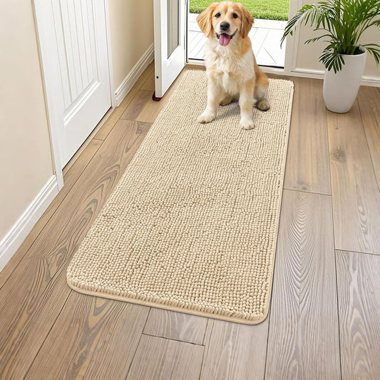 Smiry Dog Door Mat for Muddy Paws 47x24, Absorbs Moisture and Dirt Doormat, Non-Slip Washable Quick Dry Chenille Front Door Mat Indoor Entrance, Entryway Carpet for Inside Floor, Beige