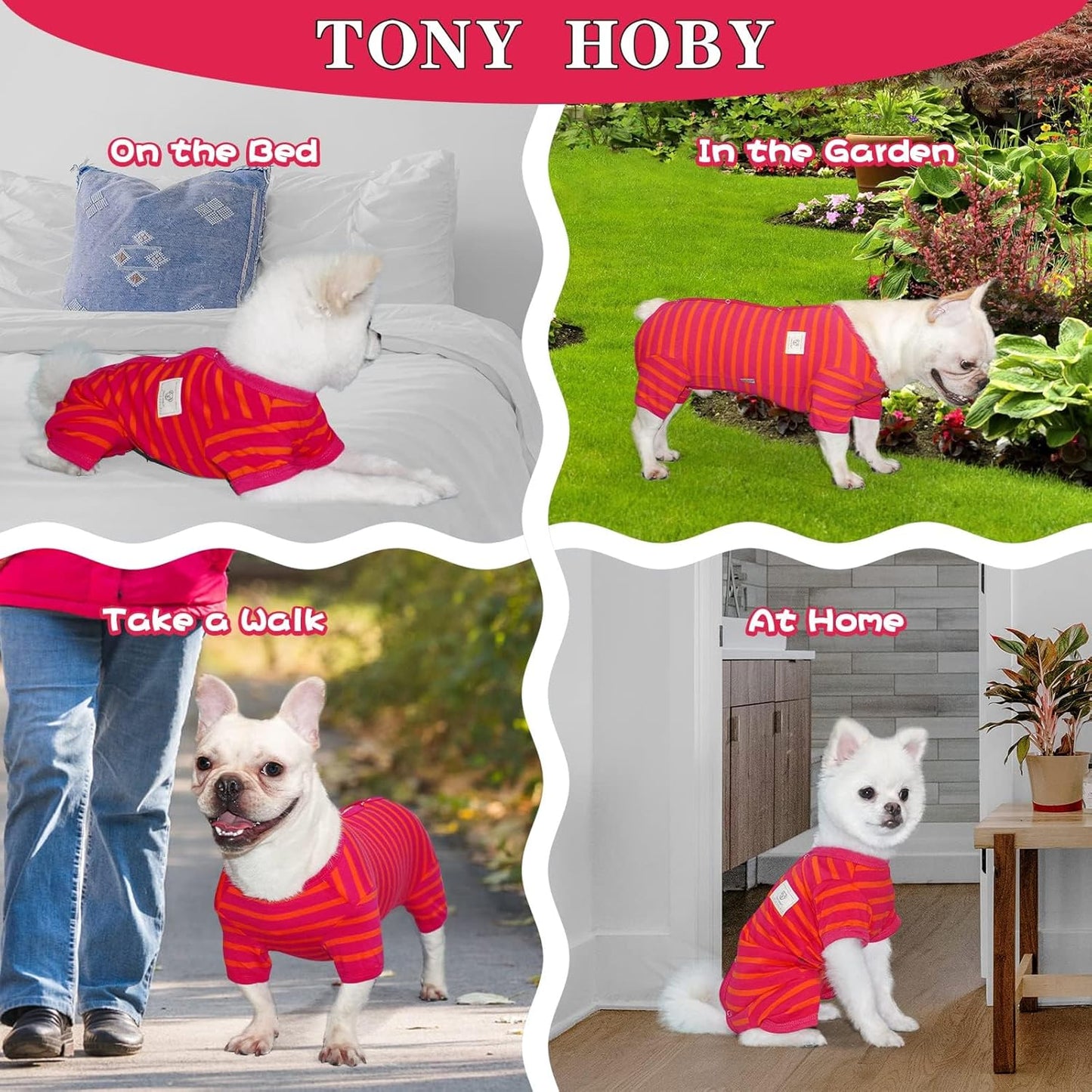TONY HOBY Female/Male Dog Pajamas, Dog Jumpsuit 4 Legged Pajamas with Stripes, Soft Cotton for Comfortable Sleep (Rose Red&Orange, Boy, L)