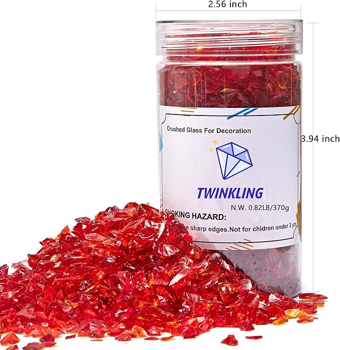 TWINKLING High Luster Crushed Glass Glitter, Broken Glass, Fire Glass Gems Chips for Fire Pit, DIY Resin Art, Epoxy Crafts, Geode Painting, Aquarium Decoration, 6-9mm(370g/13oz.) (Red)