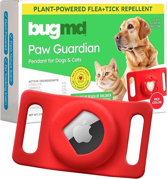 BugMD Paw Guardian Flea and Tick Prevention Pendant for Dogs & Cats with AirTag Holder | Plant-Powered Flea & Tick Control for Dog Collars & Cat Harnesses | Cat and Dog Tag with Air Tag Holder - Red