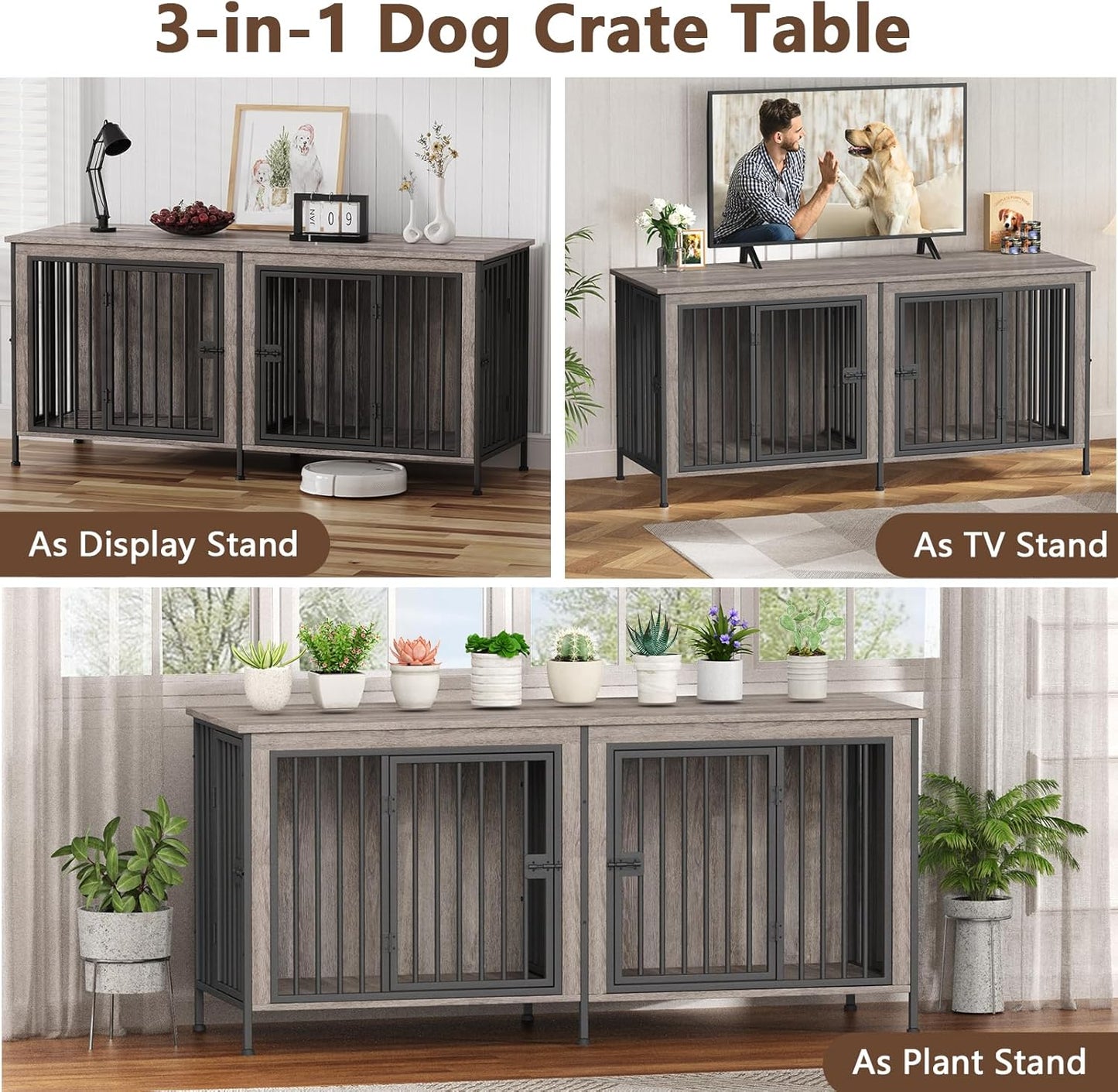 EasyCom 78 Inch Dog Cage Furniture for 2 Pets with Divider, XXL Wooden Double Dog Crate Furniture TV Stand for Mideum and Large Breed, Durable and Sturdy