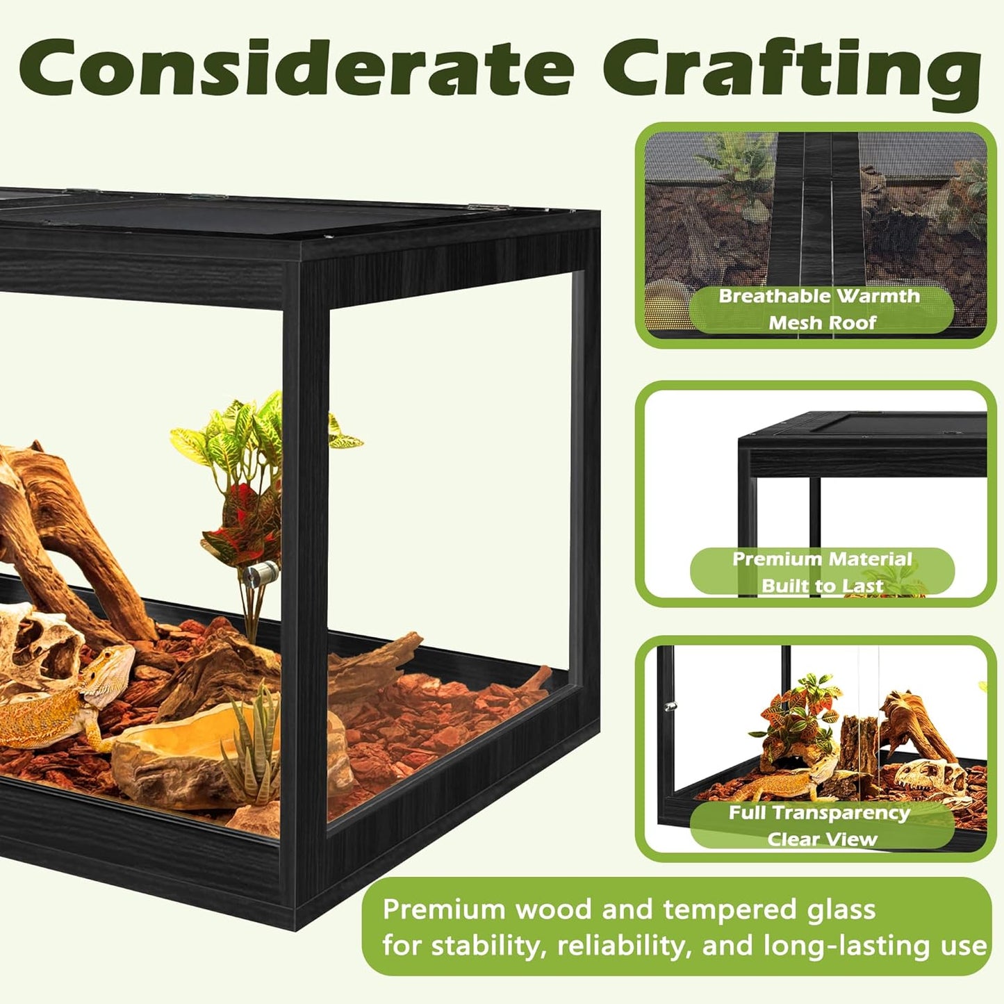 Prolee Tempered Glass Bearded Dragon Tank,Reptile Encloure and Snake Tank with Metal Mesh Roof Door,Locking Design Reptile Tank for Lizard,Gecko,Chameleon (Black, 28 Gallon (24x16x16 Inch))