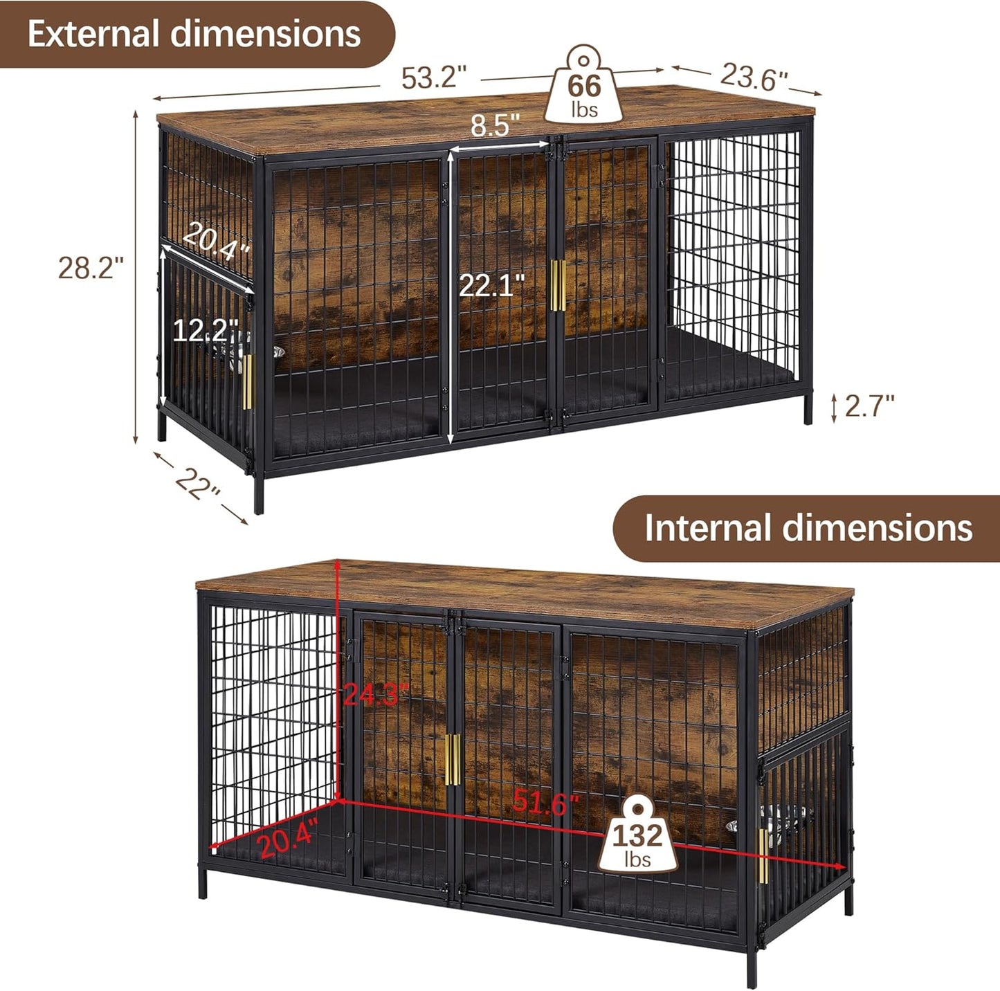 VECELO Dog Crate Furniture for Medium/Large Dogs, Wooden Dog Cage with Cushion, Double Door, Dog Kennel End Table, Brown
