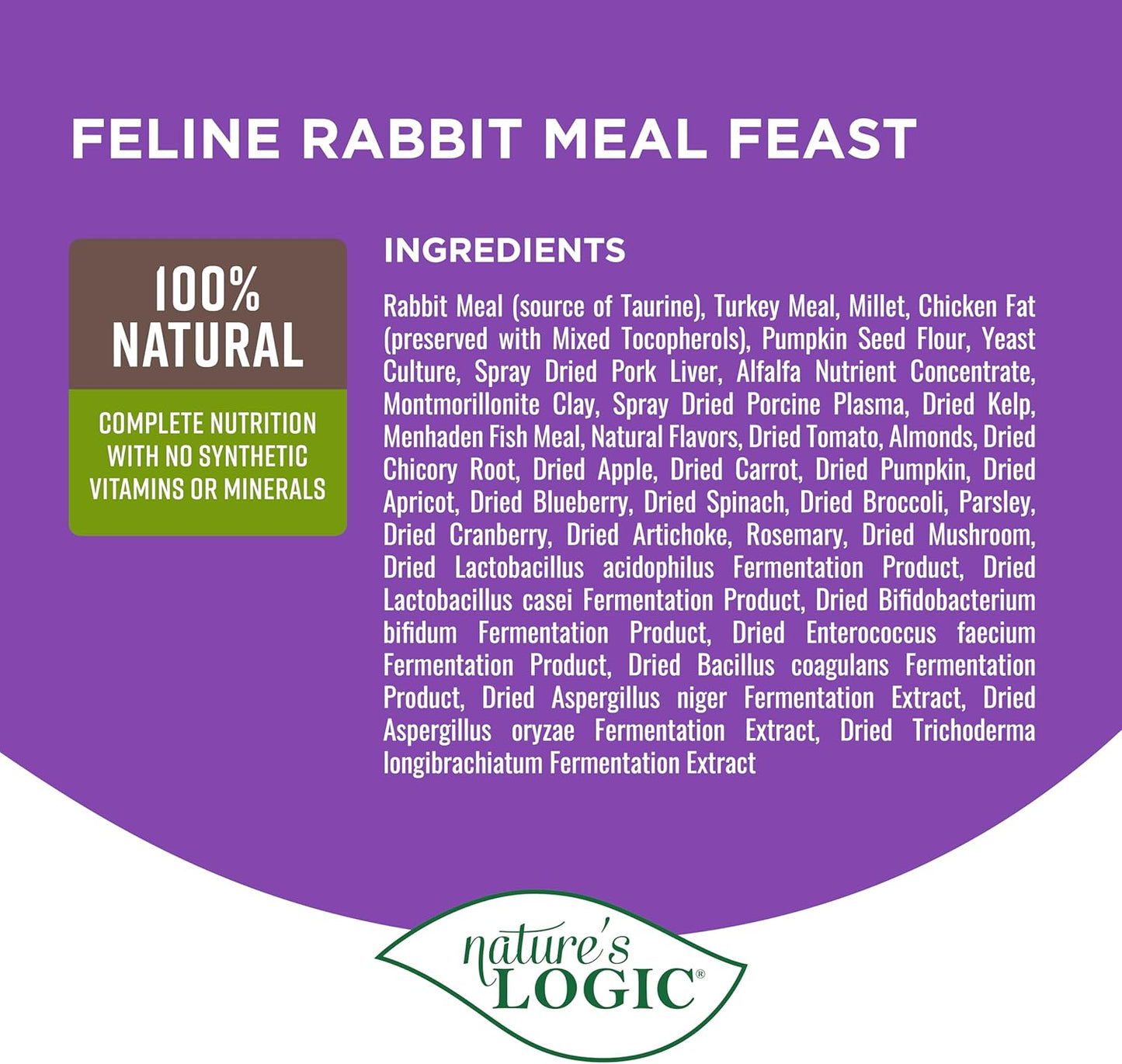 Nature's Logic Feline Chicken Meal Feast Cat Food - High-Protein Dry Food for Cats, 100% Natural Nutrition with Probiotics & Prebiotics - All Life Stages - Rabbit, 7.7lbs