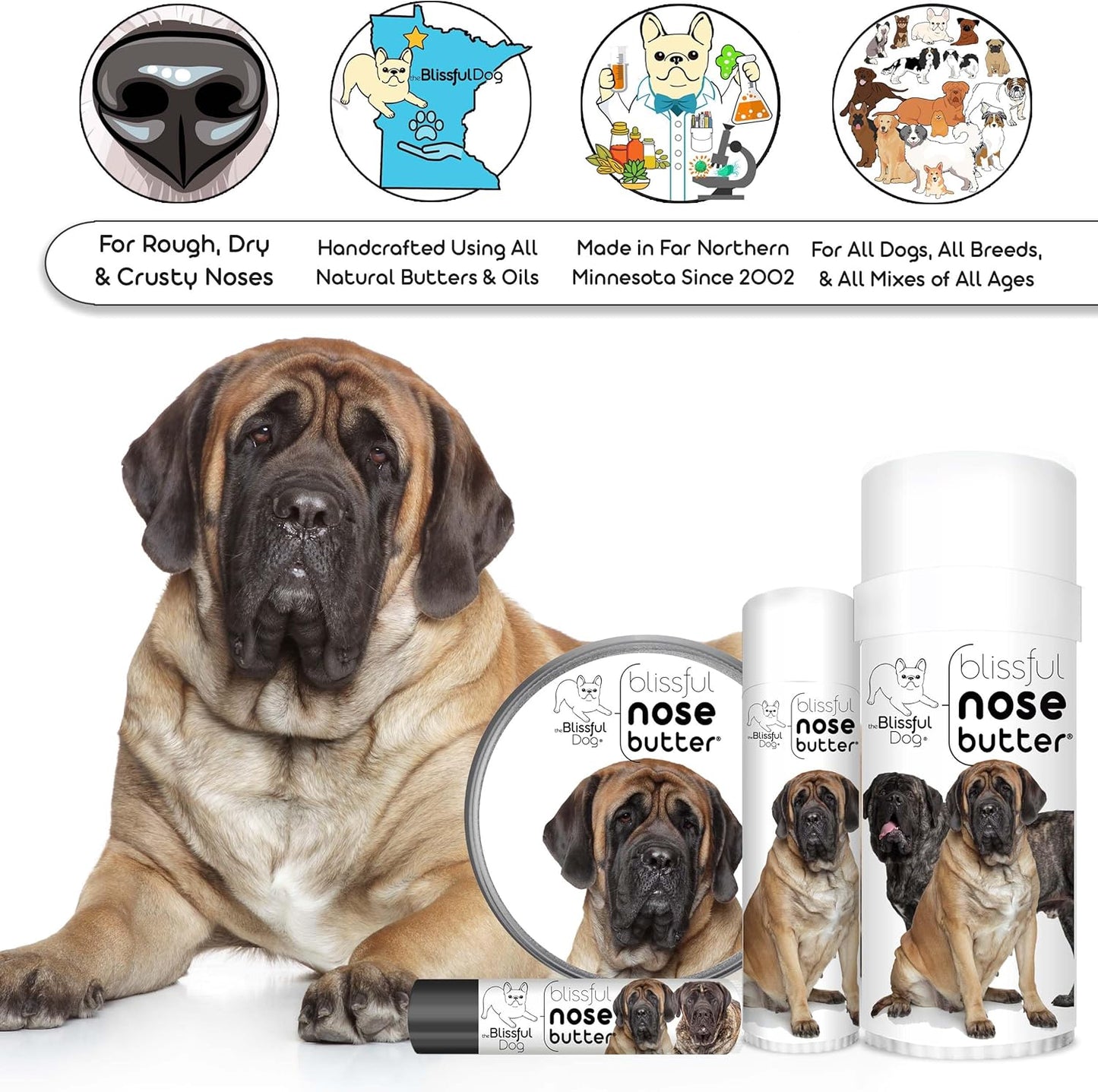 The Blissful Dog Mastiff Nose Butter for Dry, Cracked Skin, Lick-Safe Dog Nose Balm with Moisturizing Shea Butter, Almond, Olive, and Essential Oils, Pet Supplies, Uncented, 1 oz.