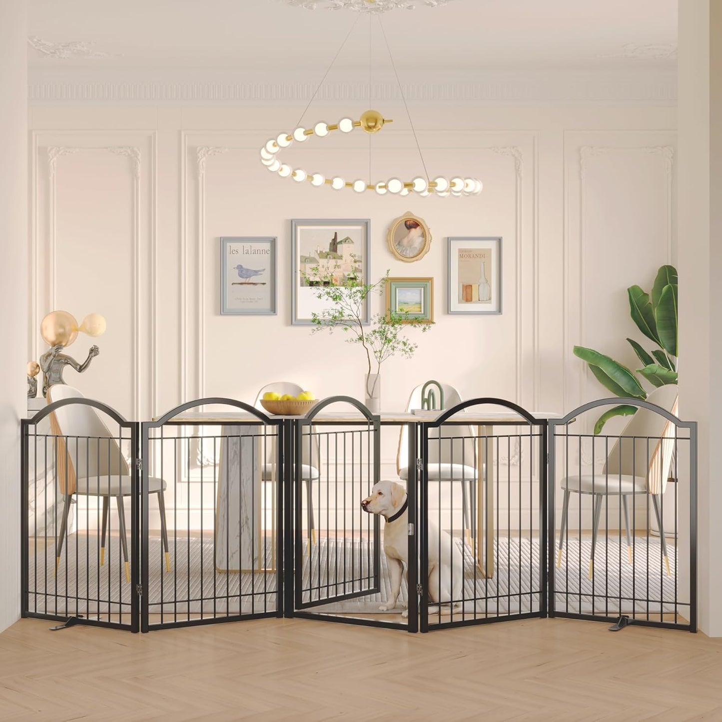 BHG Metal No-Assembly Freestanding Dog Gate with Door Walk Through, Extra Wide 120", Extra Tall 32" Pet Gate, Accordion Puppy Folding Playpen Dog Fence, with 2PCS Support (Black, 5 Panels)