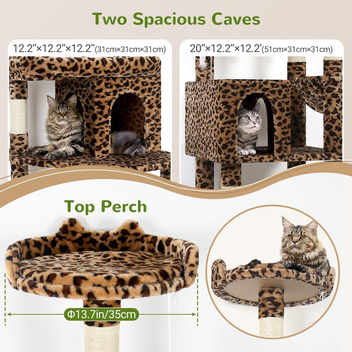 Globlazer Heavy Duty Cat Trees for Large Cats, Sturdy 72in Maine Coon Cat Tree for Large Cat 20 lbs+ Heavy Duty Cat Tower for Adult Biggest Cats with 6 Scratching Posts, Hammock, S72, Leopard Print
