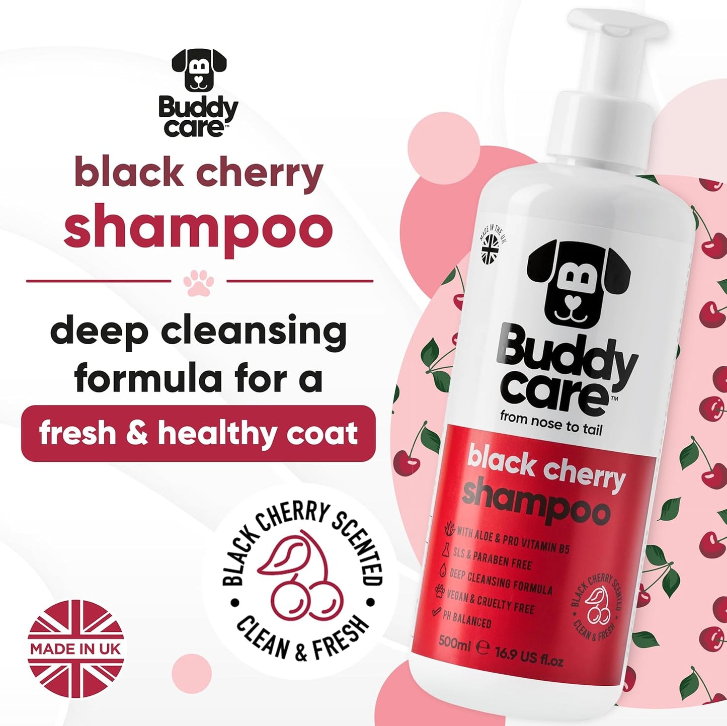 Black Cherry Dog Shampoo by Buddycare | Deep Cleansing Shampoo for Dogs | Black Cherry Scented | with Aloe Vera and Pro Vitamin B5 (50.72oz)