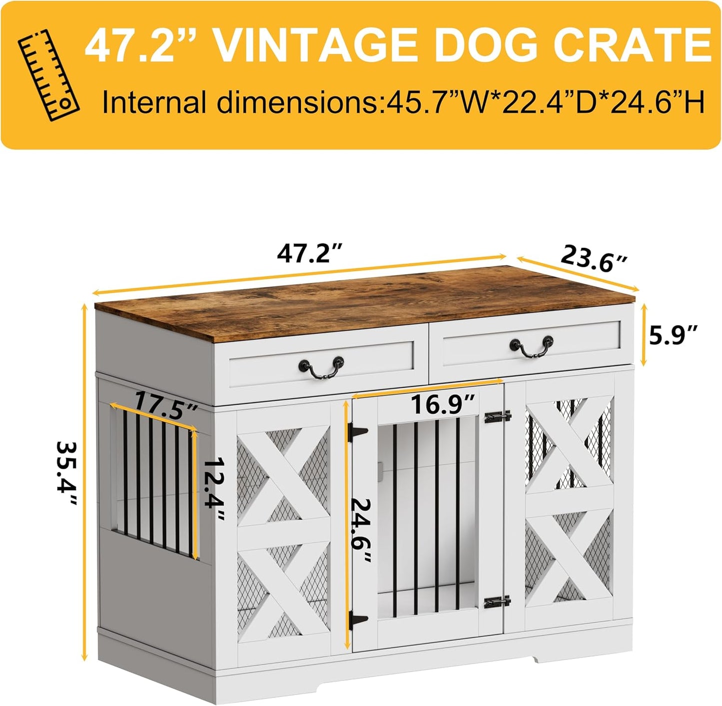 Large Dog Crate Furniture - Dog Kennel with Drawers Storage and Locks, 2-in-1 Crates for Dogs Indoor, Heavy Duty Dog Crate for One Large or 2 Small Dogs