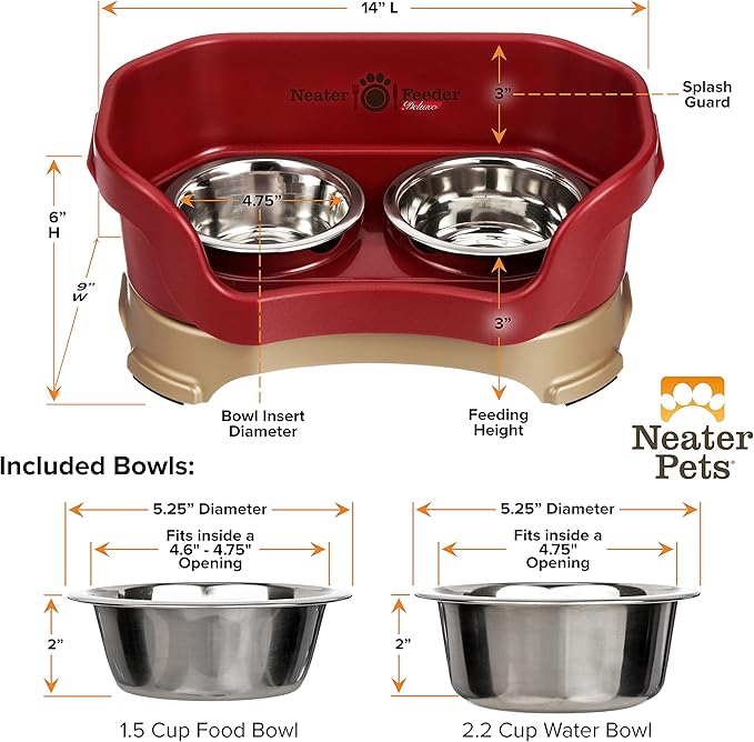 Neater Pet Brands Neater Feeder Deluxe Mess Proof Dog Bowls Elevated for Small Dogs Under 19 lbs, Made in USA, No Spill Raised Dog Food Bowl Stand Feeding Station, Food and Water Bowl Set, Cranberry