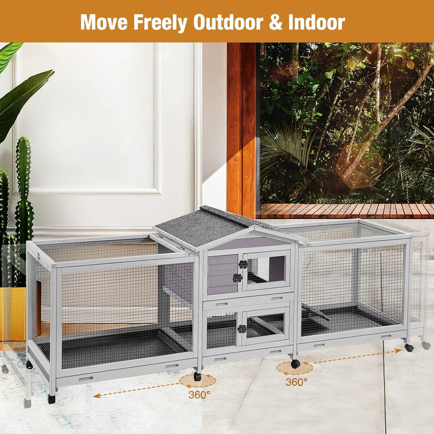 GUTINNEEN Rabbit Hutch Guinea Pig Cage with Double Run Indoor Bunny Hutch Outdoor Rabbit House with Deeper No Leak Trays and Wheels