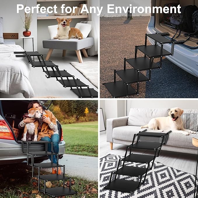 Extra Wide 5 Steps Dog Stairs for Large Dogs, Foldable Dog Ramp for Car with Non-Slip Surface, Lightweight Dog Stairs for Cars, Dog Steps for Cars, SUV, High Beds, Truck, Supports up to 250 lbs