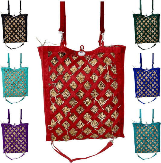 Majestic Ally Premium Nylon Hay Bag for Horses and Livestock, Simulates Grazing, Slow Feeding, Heavy-Duty PP Webbing,Quick-Adjust Straps, Small Hole for Digestion, Multiple Colors (Red)