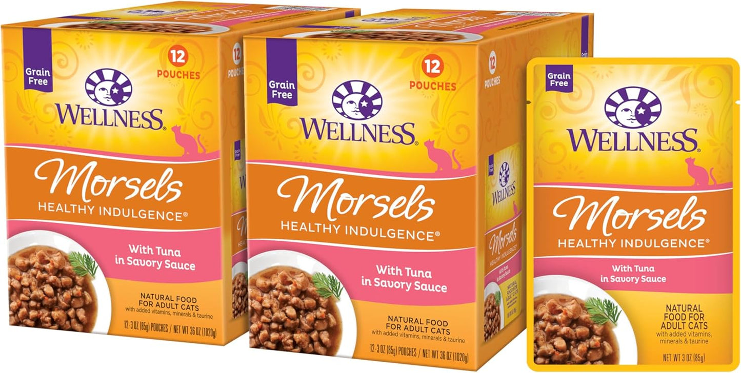 Wellness Healthly Indulgence Morsels Adult Wet Cat Food, Natural, Protein-Rich, Grain Free, 3 Ounce Pouch, 24 Pack, (Tuna)