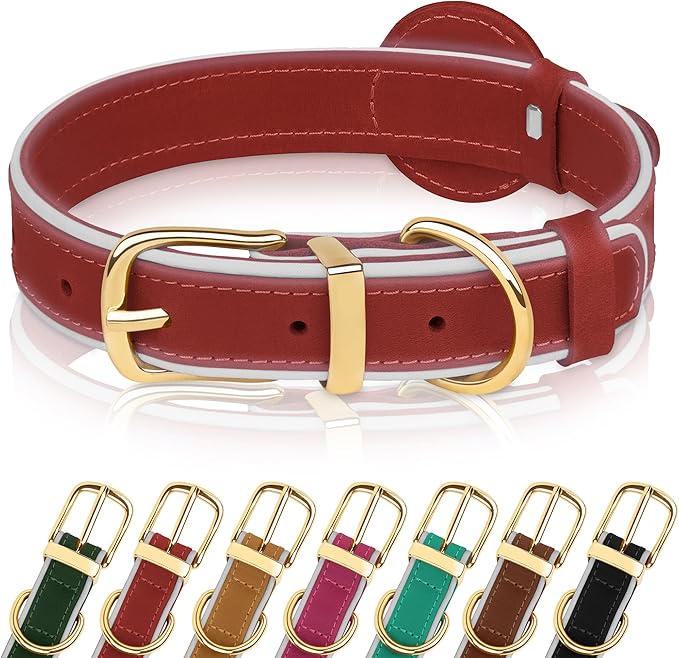 OOPSDOGGY Reflective Geniune Leather Airtag Dog Collar Soft Padded Collars for Small Medium Large Breed Dogs Puppy, 4 Sizes, 7 Colors (Red, Medium, 12"-15")