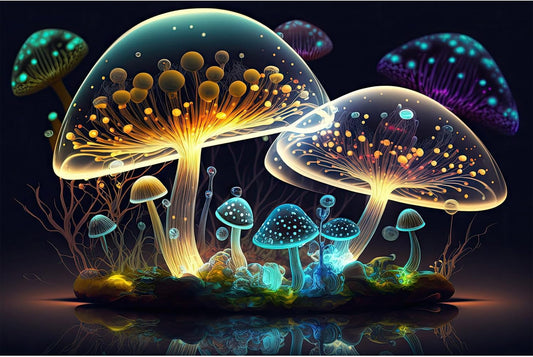Mushroom Aquarium Background Abstract Glowing Fantasy Mushrooms Terrarium Background Mysterious Forest Magical Night In Circle Shape Crystal Glass Fish Tank Backdrop Decorations Vinyl 30x12in