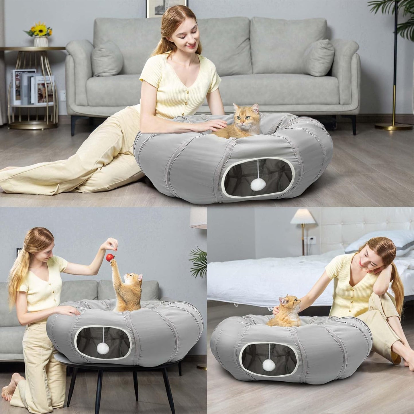 AUOON Cat Play Tunnel - Round Cat Tunnel with Bed | Interactive Cat Toys for Indoor Cats Kitten Kitty Puppy Rabbit Ferret (Light Grey)