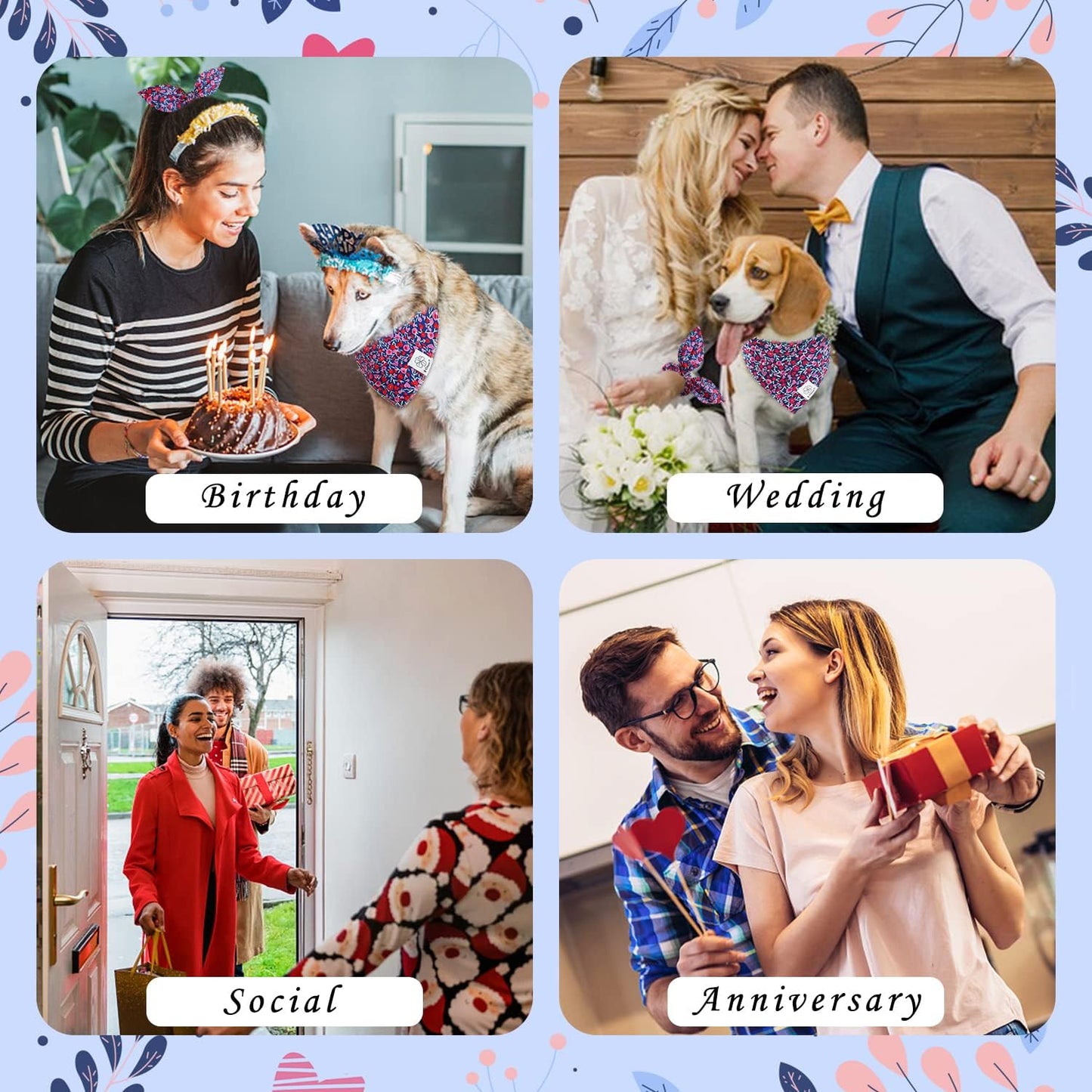 E-Clover Cute Girl Dog Bandanas & Matching Scrunchie Set Heart Dog Bandana Scarf with Bow Hair Ties for Medium Large Dogs Pet Owner Mom Gifts Pink Floral