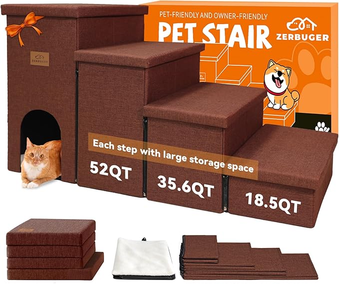 Dog Stairs with Condo 23" H, 4-Step Wider Dog Steps for High Beds Window, Folding Storage Pet Stairs Gift for Small/Medium/Large Old Dogs Cats, Ramp for Climbing Car Hold Up to 200 lbs, Brown