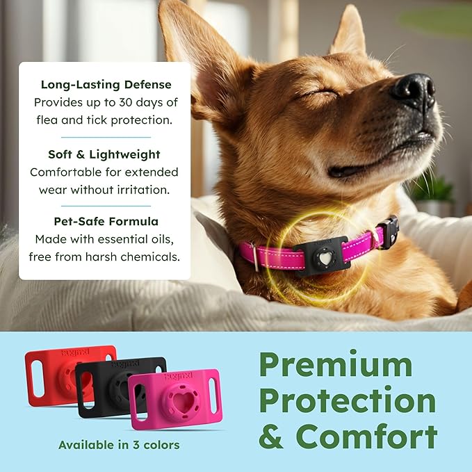BugMD Paw Guardian Flea & Tick Pendant (3-Pack) with AirTag Holder – Plant-Based Flea & Tick Prevention for Dogs & Cats – Pet Collar Tag & GPS Tracker Holder for Cats & Dogs – Black
