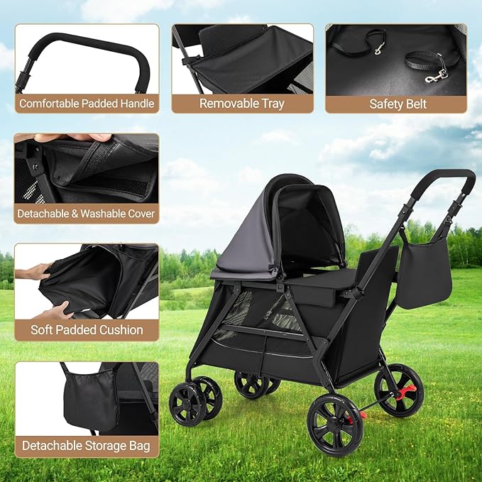 PETSITE 4 Wheels Dog Stroller, Foldable Cat Stroller with Dual Entries, Ramp, Mesh Windows, Adjustable and Detachable Canopy, and All-Terrain Wheels with Brake, Ideal for Small Medium Dogs