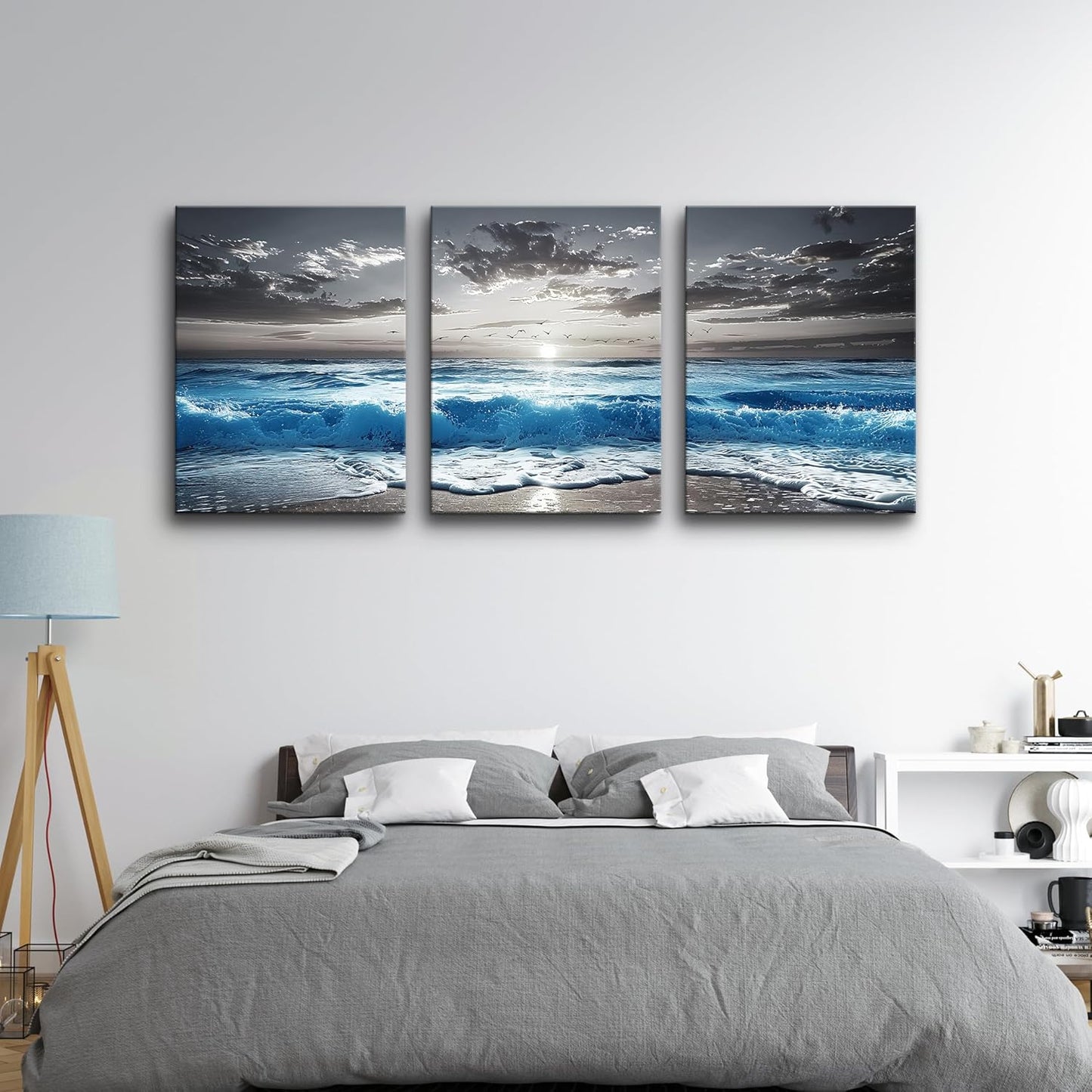 TTHYUEWS Black And White Beach Pictures Large Wall Decor For Living Room Canvas Wall Art For Bedroom Modern Office Decorations Blue Sea Wave Ocean Paintings Artworks Canvas Art Home Decor 3 Pieces