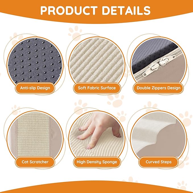 Pet Stairs for Small Dogs - 3-Step Curved Dog Ramp for Bed, Couch, Sofa, Car and Chairs - Non-Slip Bottom Design - Cat Scratching Board - High Density Foam Portable Pet Step - Beige