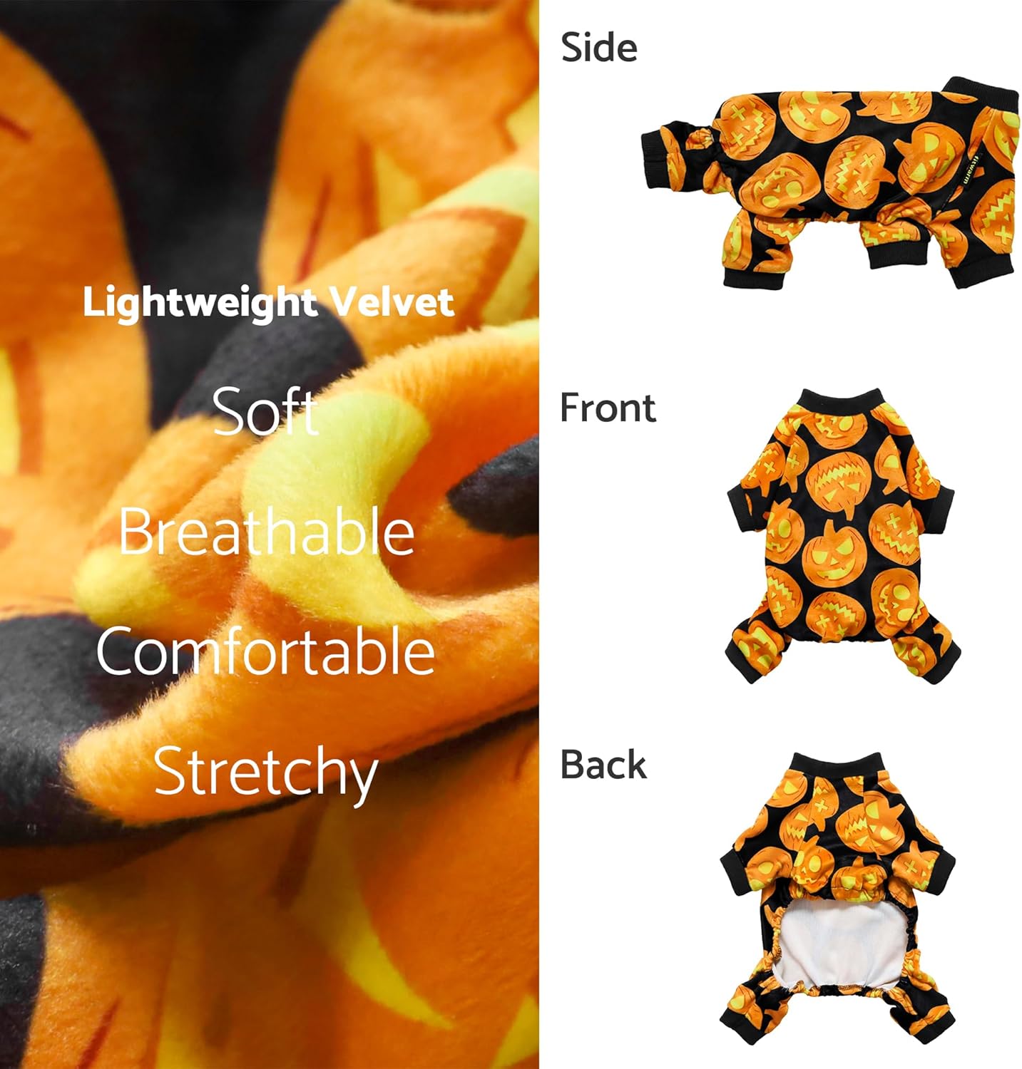 Fitwarm Halloween Pumpkin Dog Pajamas, Funny Dog Winter Clothes for Small Dogs Girl Boy, Pet Jumpsuit, Cat Halloween Costumes with Feet, Lightweight Velvet, Black, Orange, Small