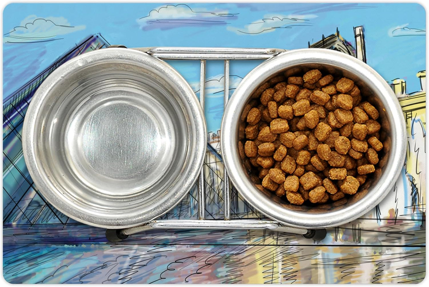 Lunarable Sketchy Pet Mat for Food and Water, Museum Themed Paris Watercolor Modern French Place Pop Art Style Day Time Image, Non-Slip Rubber Mat for Dogs and Cats, 18" X 12", Cream and Blue