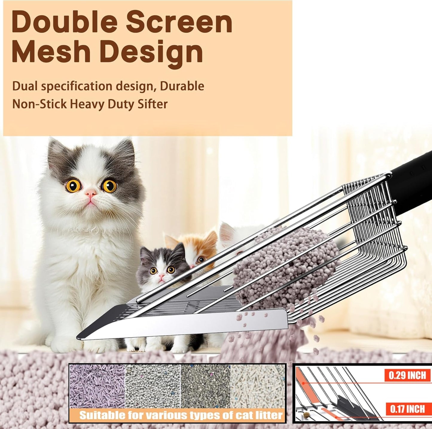 Heavy Duty Stainless Steel Cat Litter Scoop with Holder - Non-Slip Handle, Quick-Sifting Grid & Easy to Clean
