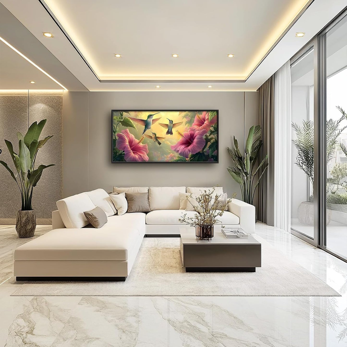 Framed Large Hummingbird Wall Art for Living Room, Oversized Rustic Bird Flower Wall Decor Floral Canvas Painting Nature Sunrise Pictures Modern Artwork for Bedroom Office Dinging Room 60"x30"