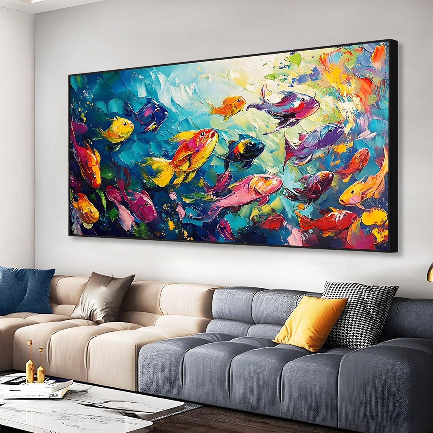School of Fish Printed Canvas Wall Art – Framed Abstract Ocean Print – Vibrant Fish Wall Decor for Living Room, Bedroom, Office (Gold Framed, 31"x15"|80x40cm)