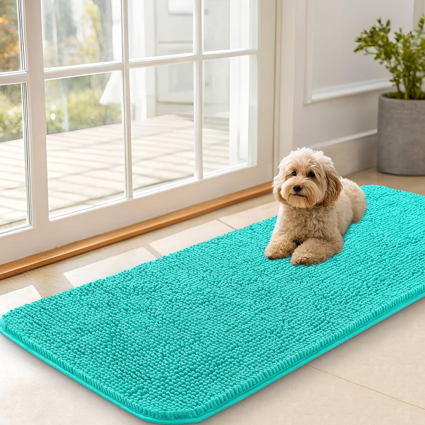 OLANLY Dog Door Mat for Muddy Paws 47x20, Absorbs Moisture and Dirt, Absorbent Non-Slip Washable Doormat, Quick Dry Chenille Mud Mat for Dogs, Entry Indoor Entryway Carpet for Inside Floor, Teal