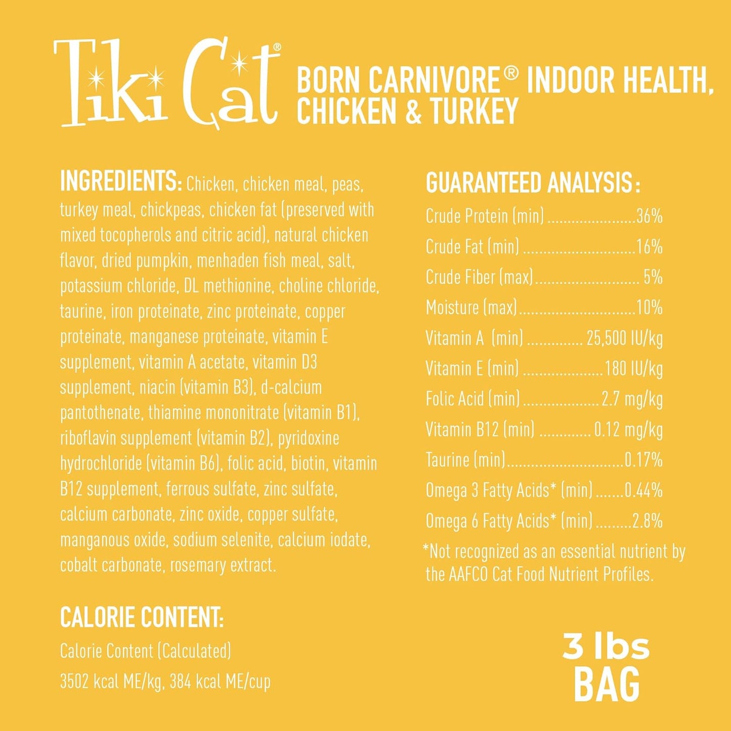 Tiki Cat Born Carnivore High Protein, Indoor Health, Chicken and Turkey Meal Recipe, Grain-Free Baked Kibble to Maximize Nutrients, Dry Cat Food, 3 lb. Bag