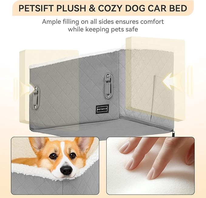 PETSFIT Small Dog Car Seat, Soft Foam Dog Booster Car Seat with Patented Safety Buckles, Storage Pockets and Detachable Clip-On Safety Leash, Dog Car Seat for Medium Dogs 30 LBS (Grey)