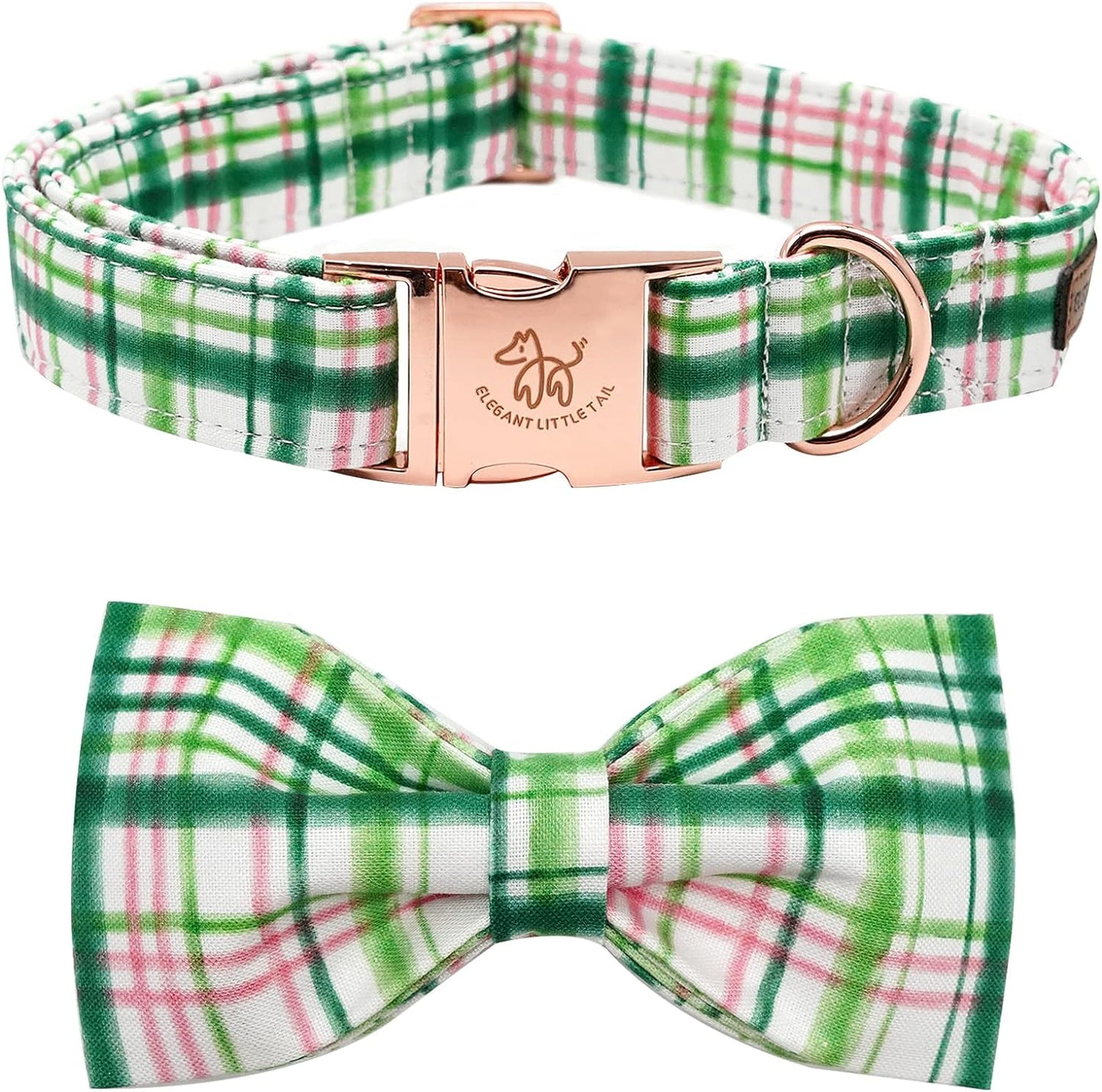 Elegant little tail Dog Collar with Bow - Pink with Green Plaid Boy or Girl Dog Collar Cute Bowtie Pet Collar Adjustable Dog Collar for Large Dogs